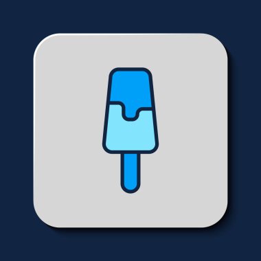 Doldurulmuş ana hatlı dondurma ikonu mavi arka planda izole edilmiş. Güzel sembol. Vektör.