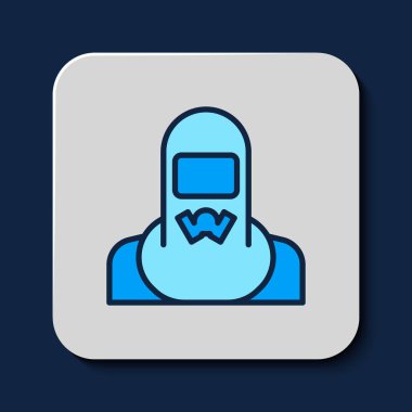 Filled outline Nuclear power plant worker wearing protective clothing icon isolated on blue background. Nuclear reactor worker. Vector.