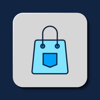 Doldurulmuş el çantası simgesi mavi arkaplanda izole edildi. Kadın el çantası işareti. Glamour günlük bagaj sembolü. Vektör.