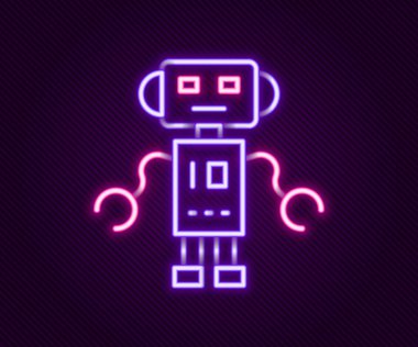 Parlayan neon hattı robot oyuncak ikonu siyah arka planda izole edildi. Renkli taslak konsepti. Vektör.