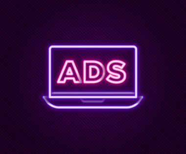 Parlayan neon hattı reklam simgesi siyah arkaplanda izole edildi. Pazarlama ve tanıtım süreci kavramı. İlgili reklamlar. Sosyal medya reklamcılığı. Renkli taslak konsepti. Vektör.