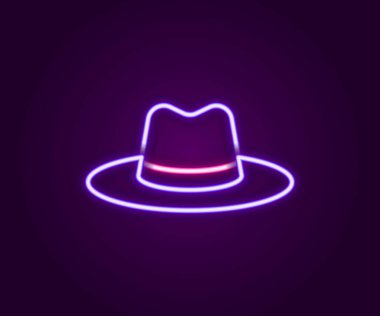 Siyah arka planda izole edilmiş kurdele ikonu olan parlak neon çizgili adam şapkası. Renkli taslak konsepti. Vektör.