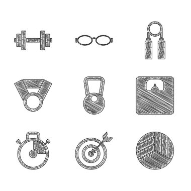 Kettlebell Hedefini ok voleybol banyosu ölçekli Stopwatch Spor Sport genişleticisi ve Dumbbell simgesi ile ayarla. Vektör.