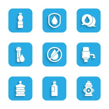 Su damlasını yasakla. Yangın söndürme musluğu mekanik pompası. Temiz test tüpü konuşma baloncukları ve ikonu olan büyük bir şişe. Vektör.