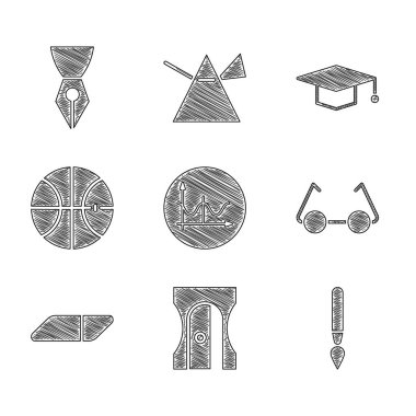 Grafik çizelgesi diyagramını, Kalem Kalemi Kalem Kalemi Fırçası Fırçası Gözlüğü veya Lastik Basketbol Mezuniyet şapkası ve Çeşme Ucu simgesini ayarlayın. Vektör.