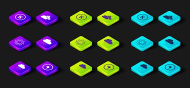 Bulut 'u Şimşek Şimşeği Kasırga Ayı ve Kelvin ikonu ile ayarla. Vektör.