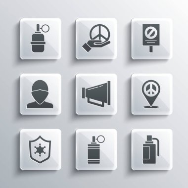 El bombası konumu Megafon Polis rozeti Vandal ve Protesto ikonu. Vektör.