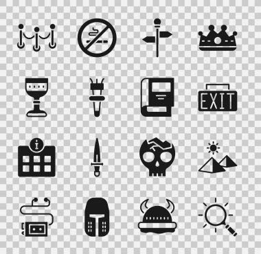 Büyüteç Mısır piramitlerinin çıkışı trafik levhası, meşale alevi, ortaçağ bariyeri ve tarih kitabı simgesi. Vektör.