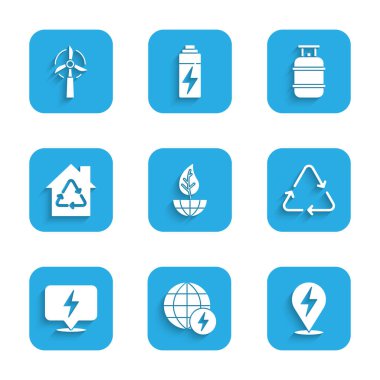 Dünya küresi ve yaprak küresel enerji gezegeni Şimşek yıldırımı geri dönüşüm sembolü Eco House 'u geri dönüşüm propan gazı tankı ve rüzgar türbini ikonu ile ayarla. Vektör.