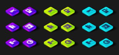 Gemi kaptanlığını deniz manzaralı gemi batan gemi seyahati fotoğraf makinesi ve havlu asma ikonu ile ayarla. Vektör.