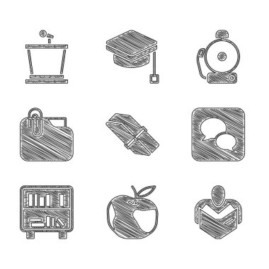 Silgi ya da lastik Apple Man 'i kitap okuma balonu sohbet rafını kitap klasörü klipsi alarm zili ve sahne durağı simgesi ile ayarla. Vektör.