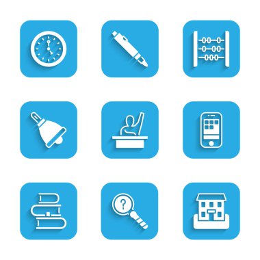 Erkek çocuğun Bilinmeyen Arama Okulu binasında el kaldırmasını sağlayın. Akıllı Telefon Çanı Abacus ve Saat simgesi. Vektör.