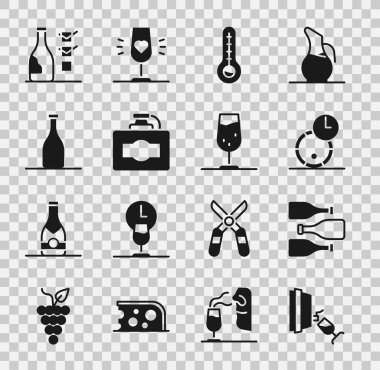 Meteoroloji termometre karton kutu ve cam ikon için şarap tadım şişeleri tahtadan fıçı hazırlayın. Vektör.