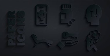 Çözümü, Armchair 'ın el hapları ve psikolog ikonuna yardım etmesi sorununa ayarla. Vektör.