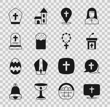 Kilisenin Hıristiyan kesiştiği yeri belirle. Paskalya pastası mezarlığı, mezar taşı Papa şapkası ve tespih dini ikonu. Vektör.