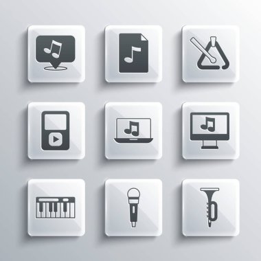 Mikrofon Trompet Bilgisayarını Laptop Müzik Sentezleyicisi tonu ve Üçgen müzik enstrümanı ikonu ile ayarla. Vektör.