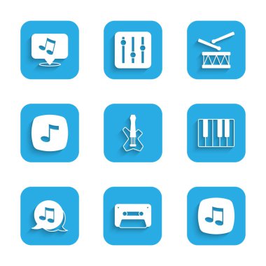 Elektro bas gitar Retro ses teybi müzik notası sentezleyici davul çubuğu ve simgesi ile sentezle. Vektör.