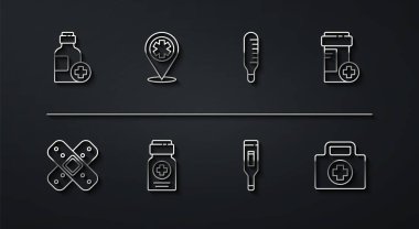 Şişe ilaç şurubu, bandaj, ilaç şişesi medikal termometre haritası işaretleyicisi, çapraz hastane ilk yardım çantası ve ikonu. Vektör.