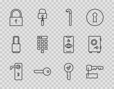 Satır Kapısı İşaretli Anahtarlık Anahtar Kilidi Parolası koruması ve Güvenli simgesini ayarla. Vektör.
