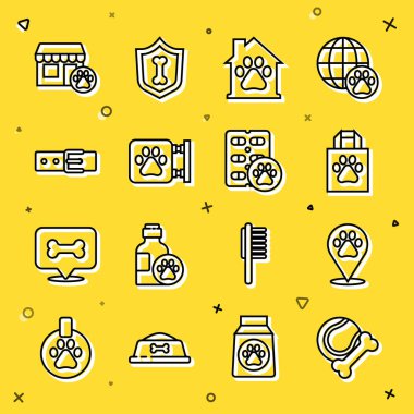 Hayvan oyuncakları, kemik kauçuğu ve top konumu veterinerlik, veterinerlik, veterinerlik, veterinerlik, veterinerlik, veterinerlik ve isim etiketi hastanesi ve köpek hapı ikonu. Vektör.