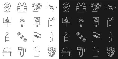 Gaz maskeli askeri bıçak, biber gazı, meşale ateşini protesto, barış ve ikon. Vektör.