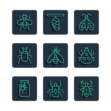 Kavanozda çizgi örümceği Böcek geyiği kelebek böceği ve uğur böceği ikonu olarak ayarla. Vektör.
