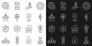 Çöp torbasını geri dönüşüm ampulü yaprağıyla doldurun. Yaprak Yaprağı ya da Bitkiyi elinizde bırakın. Rüzgar türbini Elektrik Kulesi Küresel Enerji Merkezi ve Şimşek civata ikonu. Vektör.