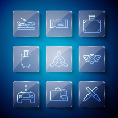 İHA uzaktan kumandalı bavul marshalling asaları uçak pervanesi inişi ve hava amblemi simgesini ayarlayın. Vektör.