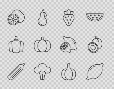 Taze salatalık, çilekli brokoli, Kivi, balkabağı, sarımsak ve erik ikonu. Vektör.