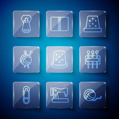 İplik iğnesi dikiş makinesi iplik topu yüksüğünü örgü iğneleri, fermuar ve iğne simgesi ile dikmek için ayarla. Vektör.