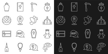 Göz yaşartıcı melek kilisesi, Scythe Coffin 'i Anıt Çelenk Cenaze Küpü ve Dove ikonu ile inşa ediyor. Vektör.