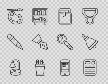 Satır Masa Lambası Dosyası klasörü Kitap Kalem Kutusu Kırtasiyesi Palet Fıskiyesi Kalem ucu Akıllı Telefon ve Çan Simgesi ile Boya Fırçası. Vektör.