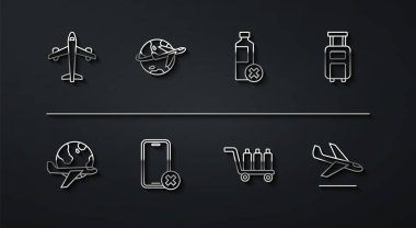 Uçuş uçağı valizli Uçak Küresi 'ni ayarla. Cep telefonu inişi ve su şişesi ikonu yok. Vektör.