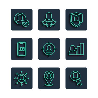 Çoklu Görev Yöneticisi İşçi Konumu Kullanıcı Koruma Baş Arama işi ve Üretici İnsan simgesi ayarlayın. Vektör.