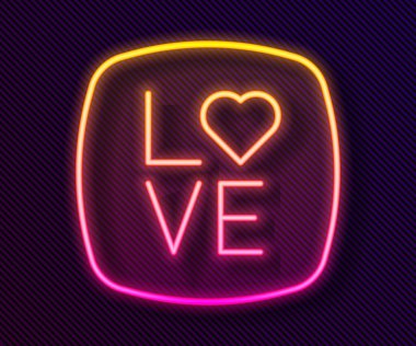 Glowing neon line Love text icon isolated on black background. Valentines day greeting card template. Vector.