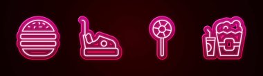 Çizgiyi Burger, Bumper Car, lolipop ve patlamış mısırı kutuda ve camda ayarla. Parlayan neon ikonu. Vektör.