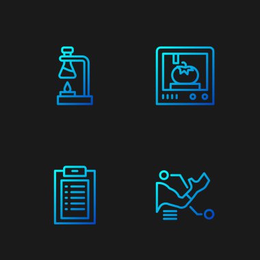 Çizgi çizgisi protez el, klinik kayıt, test tüpü alev aldı ve 3D baskı teknolojisi. Renk simgeleri. Vektör.