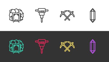 Mayın girişi, inşaat matkabı, kazma ve mücevher taşını siyah beyaz üzerine yerleştirin. Vektör.