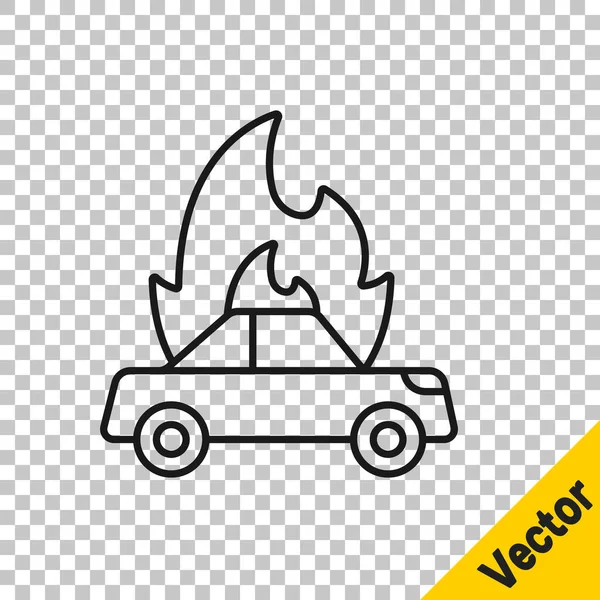 Schwarze Linie Brennendes Autosymbol Isoliert Auf Transparentem Hintergrund Versicherungskonzept Auto — Stockvektor