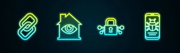 Definir Linha Link Cadeia Casa Com Varredura Olhos Segurança Cibernética — Vetor de Stock