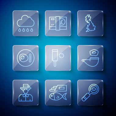 Kraliçe Elizabeth Fish ve patates kızartması büyüteç İngiltere haritası Ağaç kriket topu İngiliz kahvaltı bulutu yağmur ve tüten pipo ikonu. Vektör.