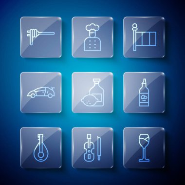 Mandolin marka keman şarabı, İtalyan limoncello şişesi spagetti ve bir şişe zeytinyağı ikonu. Vektör.