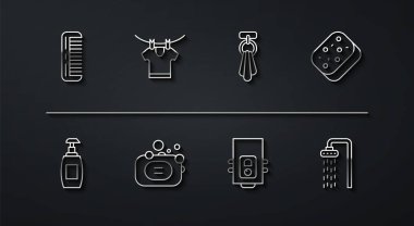 Saç fırçası şişesi, sıvı sabun, sünger gazı kazanı, kurutma bezi, duş ve havlu asma ikonu. Vektör.