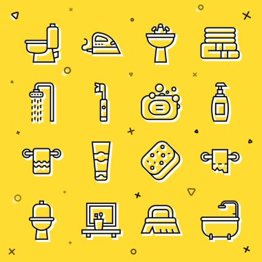 Banyo küveti tuvalet kâğıdı rulo şişe sıvı sabun lavabosu su musluğu elektrikli diş fırçası duş kabı ve bar ikonu. Vektör.