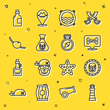 Deniz feneri korsan madeni para yeri korsan gemi lokasyonu, deniz manzaralı, alkollü içki ve pusula ikonu. Vektör.