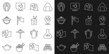 Çin bayrağını kesen Çin bayrak direği bayrak direği Çin konik hasır şapkası Balık bifteği ve erişte kutusu ve yemek çubuğu ikonu üzerine çizgi çiz. Vektör.