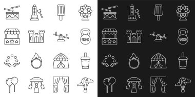 Sıcak hava balonu, su ağırlığı dondurma şatosu bilet gişesi davul çubukları ve tahterevalli ikonu olan kağıt bardak. Vektör.