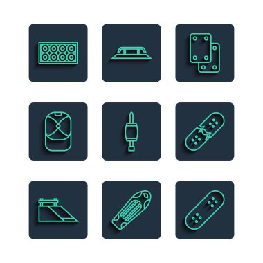 Çizgi kaykay pisti, dizlik tornavida, beysbol şapkası tekerleği ve kırık kaykay ikonu. Vektör.