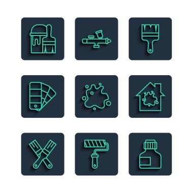 Boya fırçası silindiri gouache kavanozu boya sprey boya palet kovası ve ev simgesini boyama. Vektör.