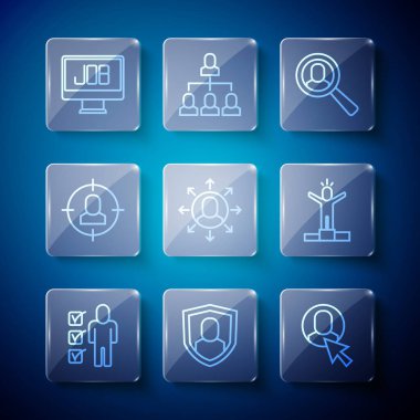 Arama işi için Kullanıcı Koruma Büyüteci Büyüteçine Devam Et satırını ayarla. Kafa Arama ve Üretici İnsan simgesi üzerinde çalışan çok görevli yönetici. Vektör.